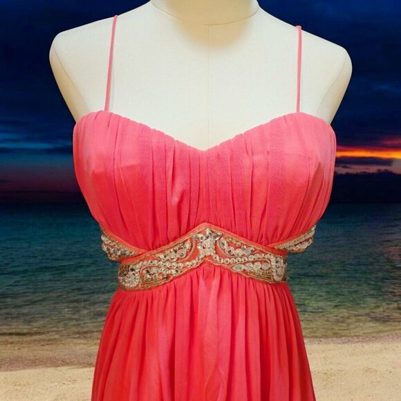 Trixxi ✦ Blush Chiffon Beaded Dress ✦ Cutout Back Tiered Layers Adjustable Strap - Picture 9 of 15